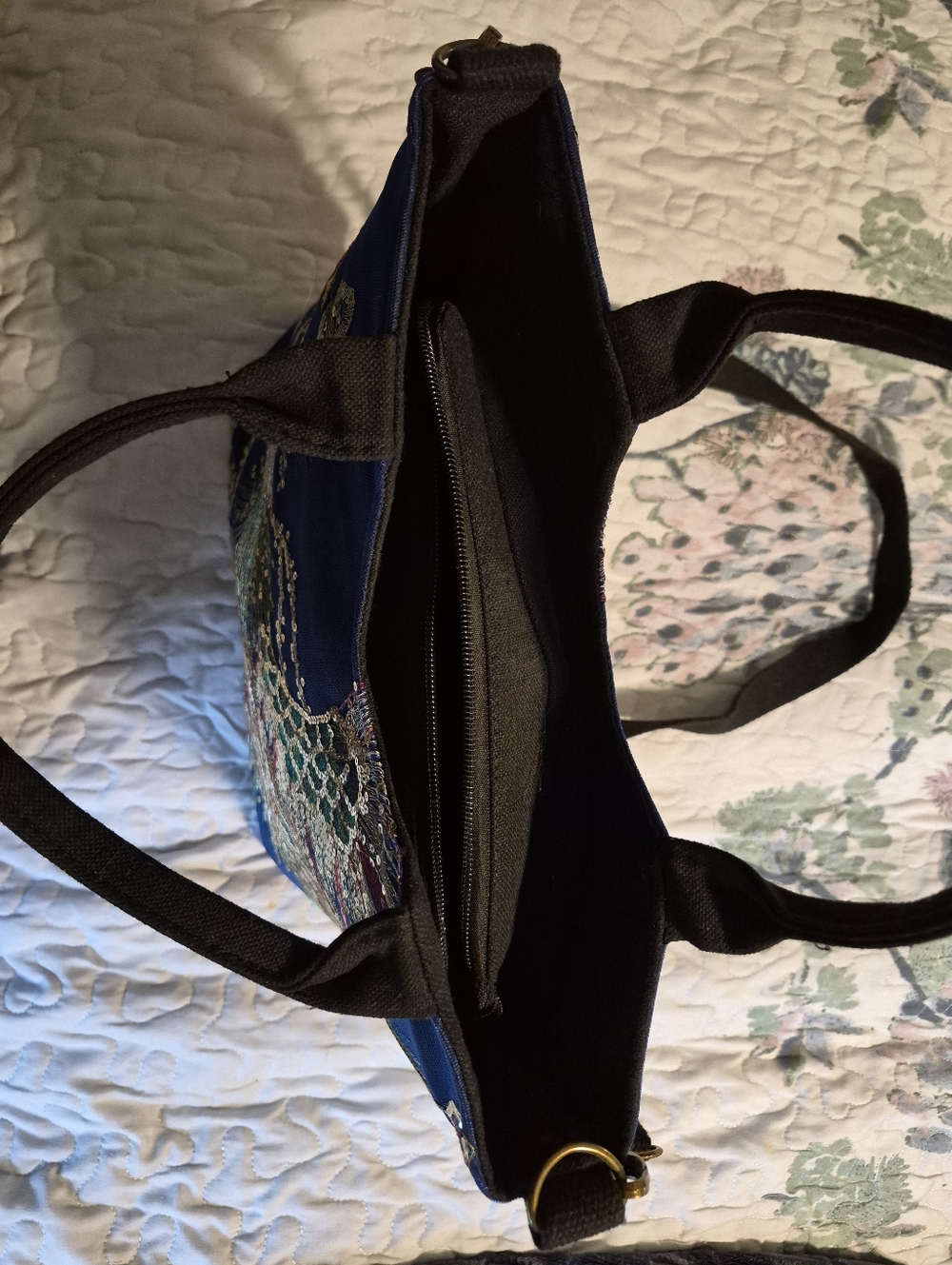 "Ella And Elly" Dark Blue Peacock Sequined Embroidered Tote Shoulder Bag - Picture 7 of 12
